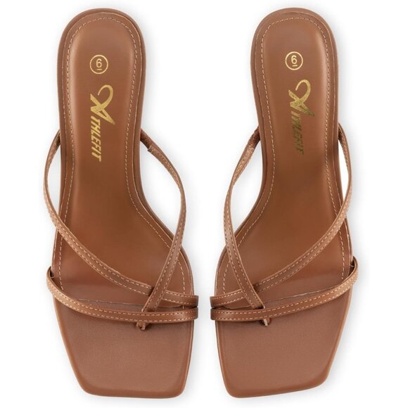 Athlefit Women's Brown Polyurethane Square Open Toe Kitten Heels Thong Sandals - Picture 4 of 6